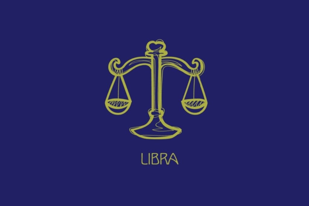 Ilustração, em fundo azul, do signo de Libra