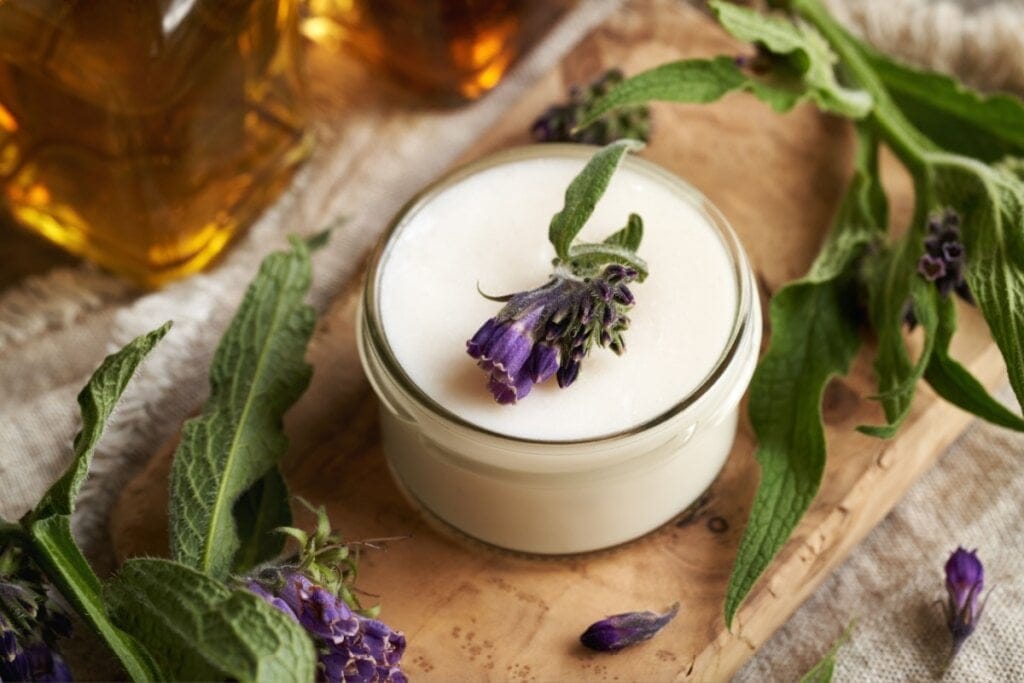 pote de vidro com creme de confrei e folhas e flores em volta 