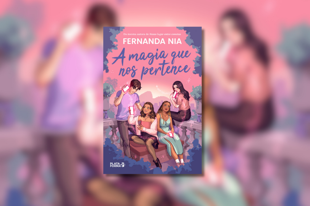 Capa de livro na cor rosa com o título e nome do autor e ilustração de grupo de amigos conversando 