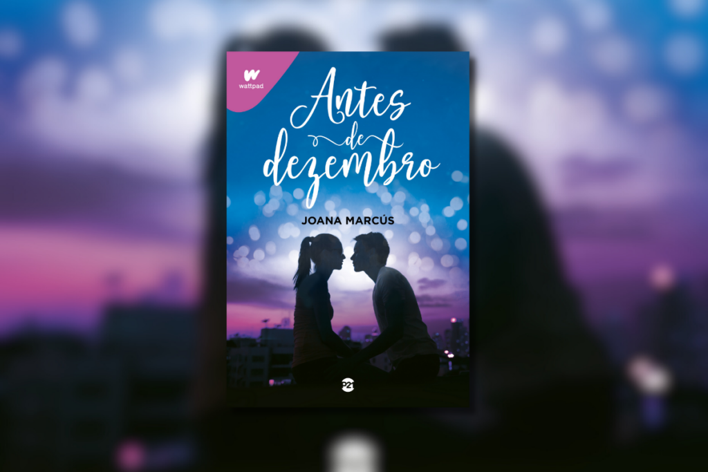 Capa do livro com o título e o nome da autora com céu encoberto e tons de roxo com a sombra de um casal 