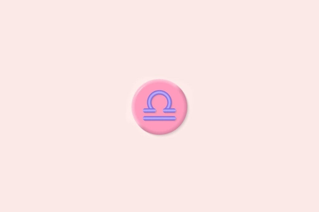 Ilustração do signo de Libra com duas linhas horizontais, sendo a superior arqueada, simbolizando a balança e o equilíbrio, sobre um fundo rosa