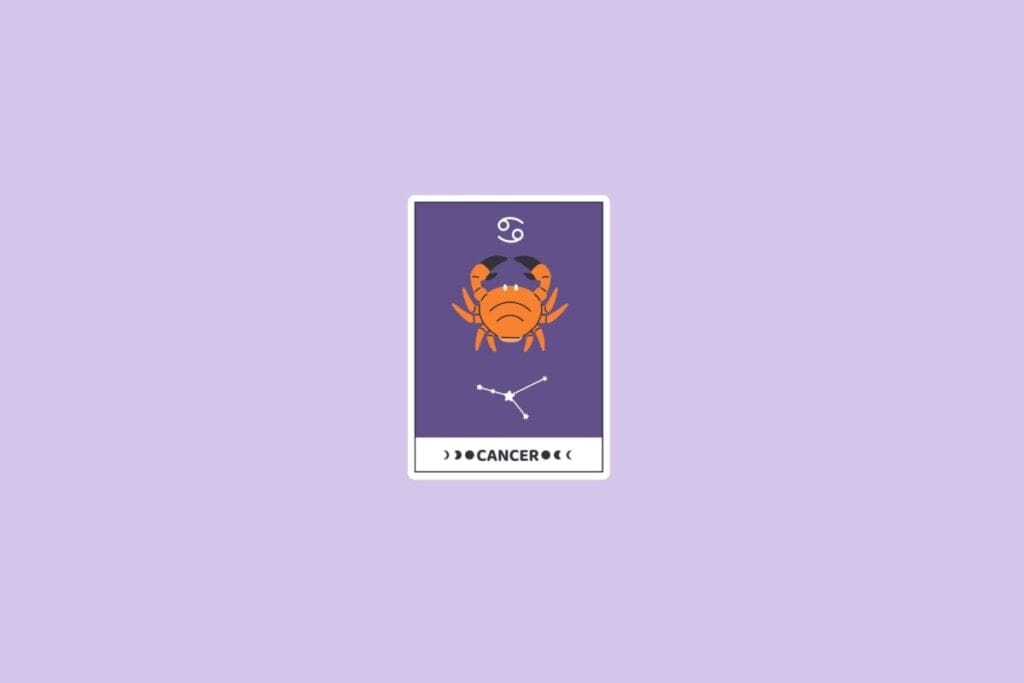 Ilustração do signo de Câncer com um caranguejo laranja, a constelação de Câncer e o símbolo do signo no topo