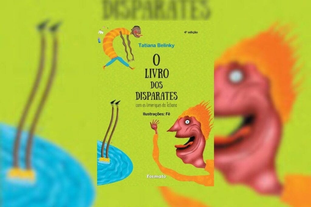 Capa do livro "O livro dos disparates - com os limeriques da Tatiana" com fundo verde neon e a ilustração de um boneco torto e pernas dentro de um lago