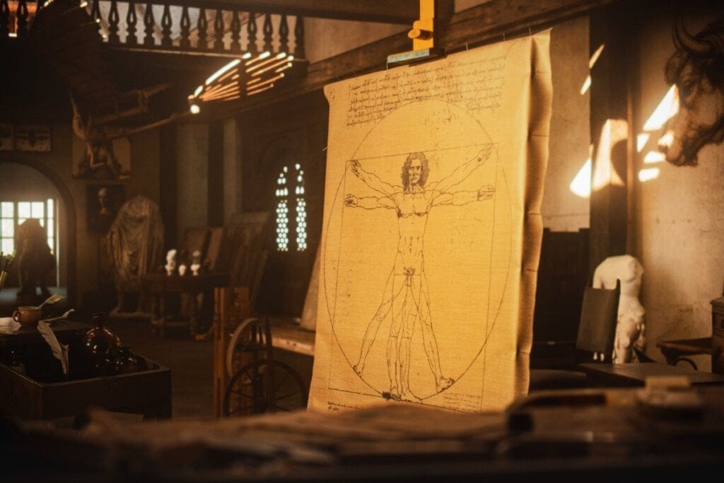 Painel com a obra "O Homem Vitruviano", de Leonardo da Vinci