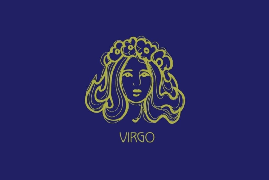 Ilustração amarela do símbolo e do nome de virgem em fundo azul