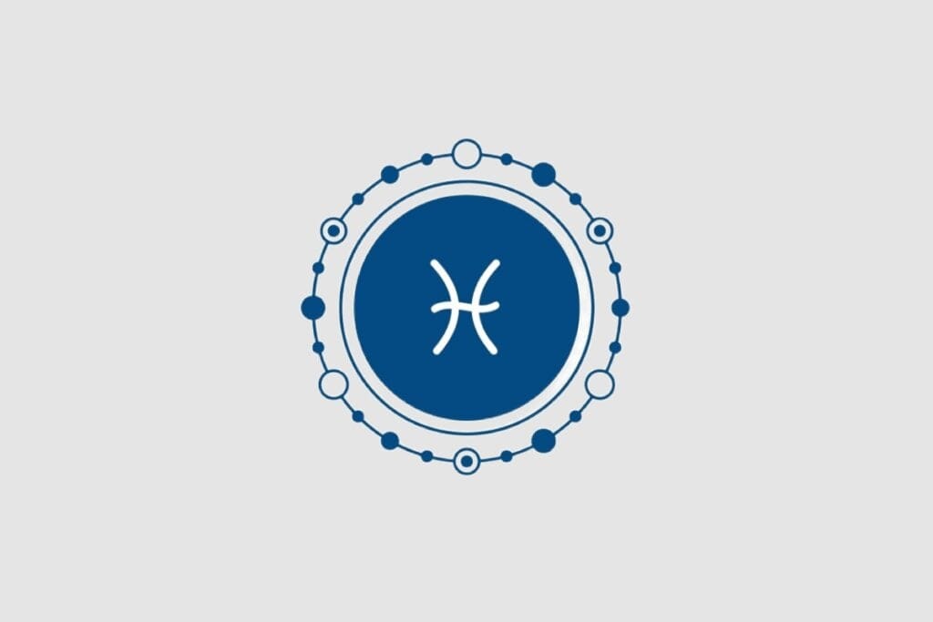 Ilustração do signo de Peixes, com dois arcos curvados opostos ligados ao centro, em branco sobre um fundo azul-escuro com ornamentos circulares ao redor