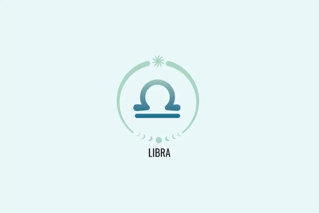 Ilustração do signo Libra, com símbolo em formato de uma balança estilizada, composta por um arco sobre uma linha reta, em azul esverdeado, sobre fundo verde-claro