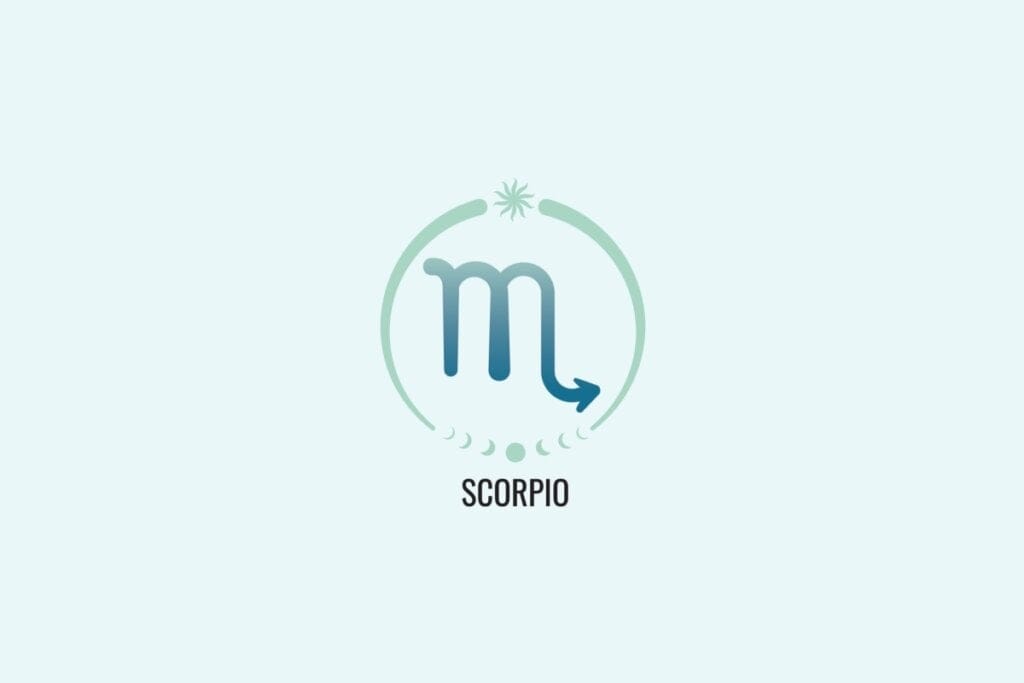 Ilustração do signo Escorpião, com símbolo semelhante à letra “m” com uma cauda curva apontando para a direita, em azul esverdeado, sobre fundo verde-claro