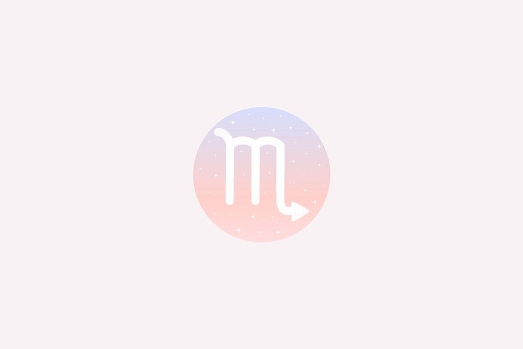 Ilustração do signo de Escorpião com símbolo branco em forma de “M” com cauda em seta, em fundo pastel estrelado