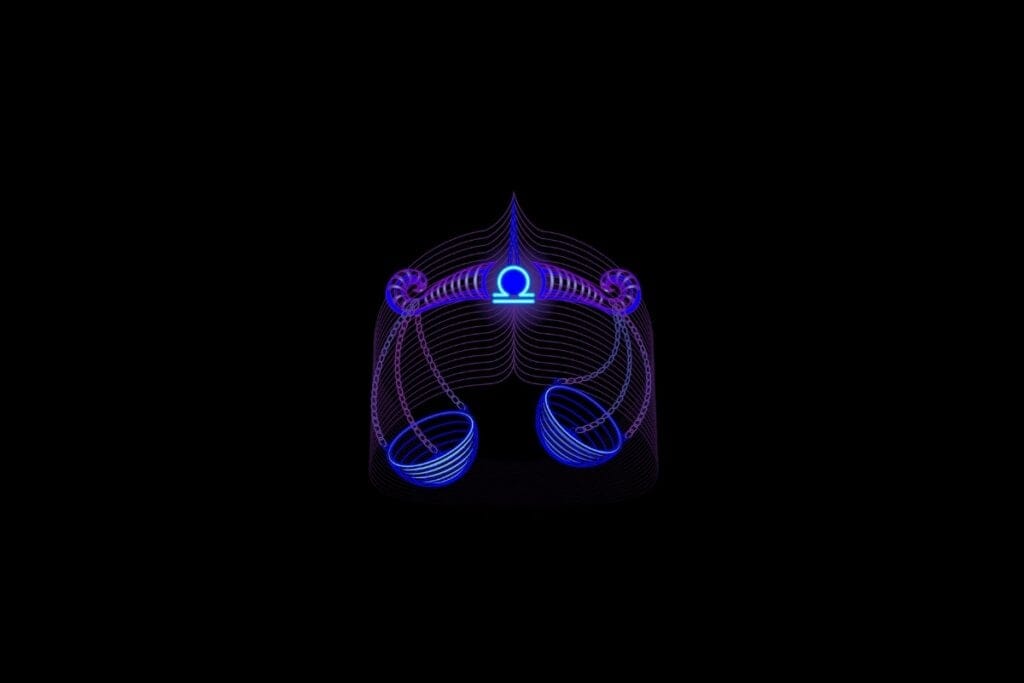 Ilustração do signo de libra em roxo e rosa em um fundo preto