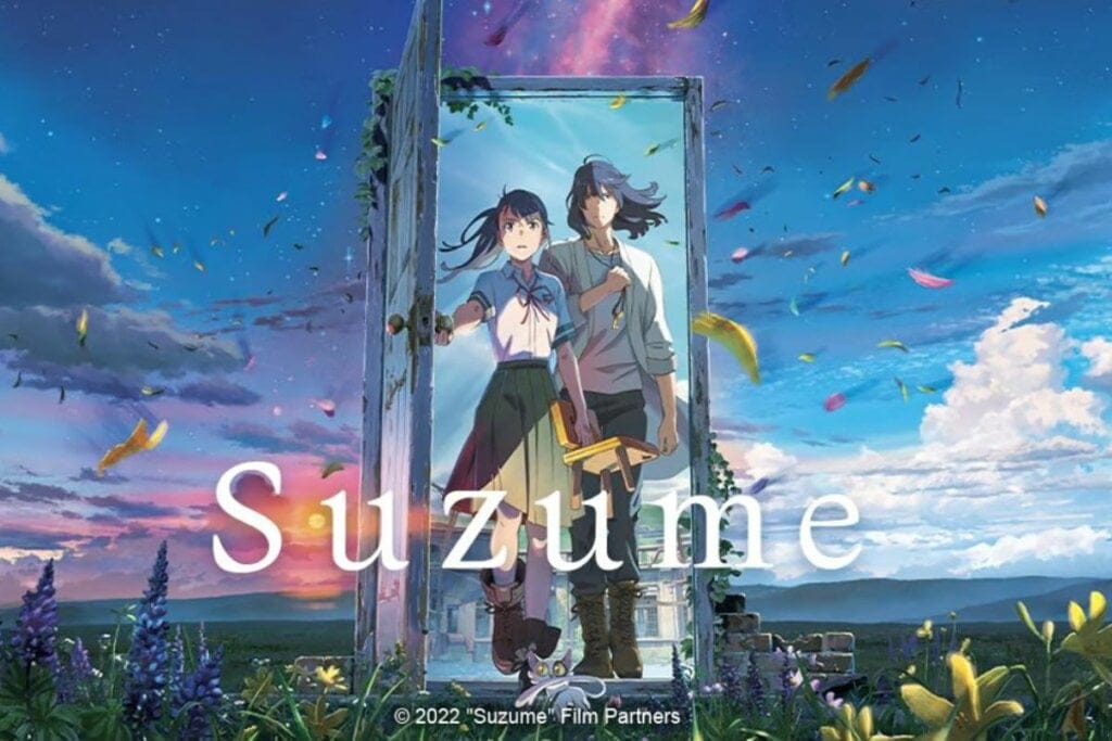Ilustração de duas pessoas saindo de uma porta na capa do anime  "Suzume"