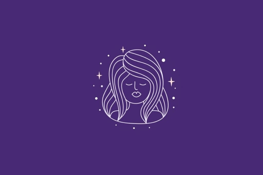 Ilustração do signo de Virgem em um fundo roxo rodeado por estrelas