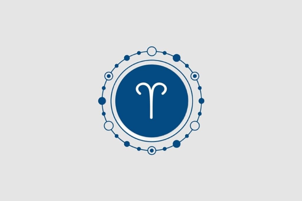 Ilustração do signo de Áries, com símbolo branco em forma de chifres curvados para fora, sobre fundo azul-escuro, envolvido por pequenos círculos