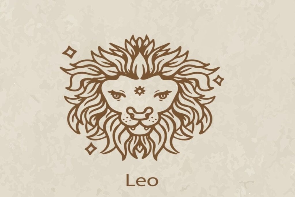 Ilustração marrom do símbolo e do nome de leão em fundo marrom-claro
