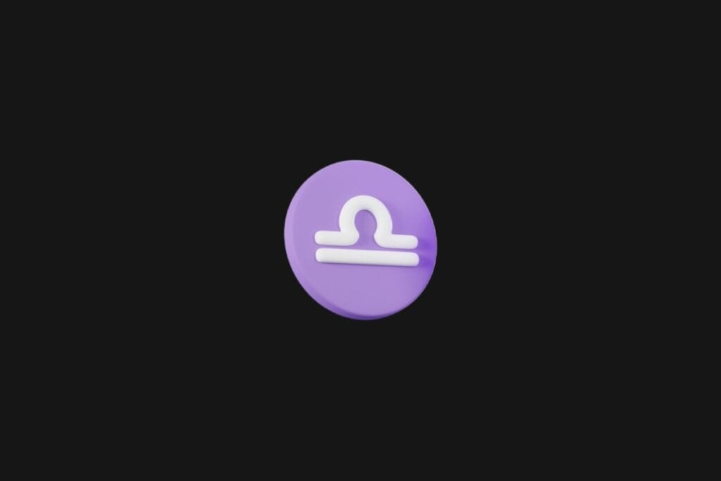 Ilustração do signo de libra em um círculo roxo e em cima de um fundo preto