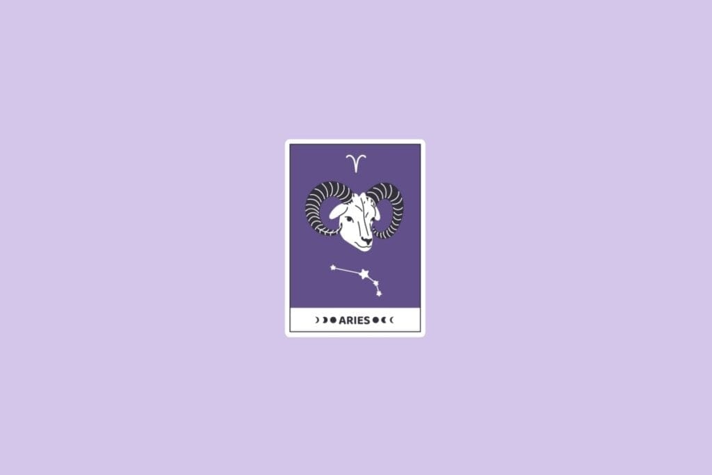 Ilustração do signo de Áries representado por um carneiro dentro de uma carta de fundo roxo