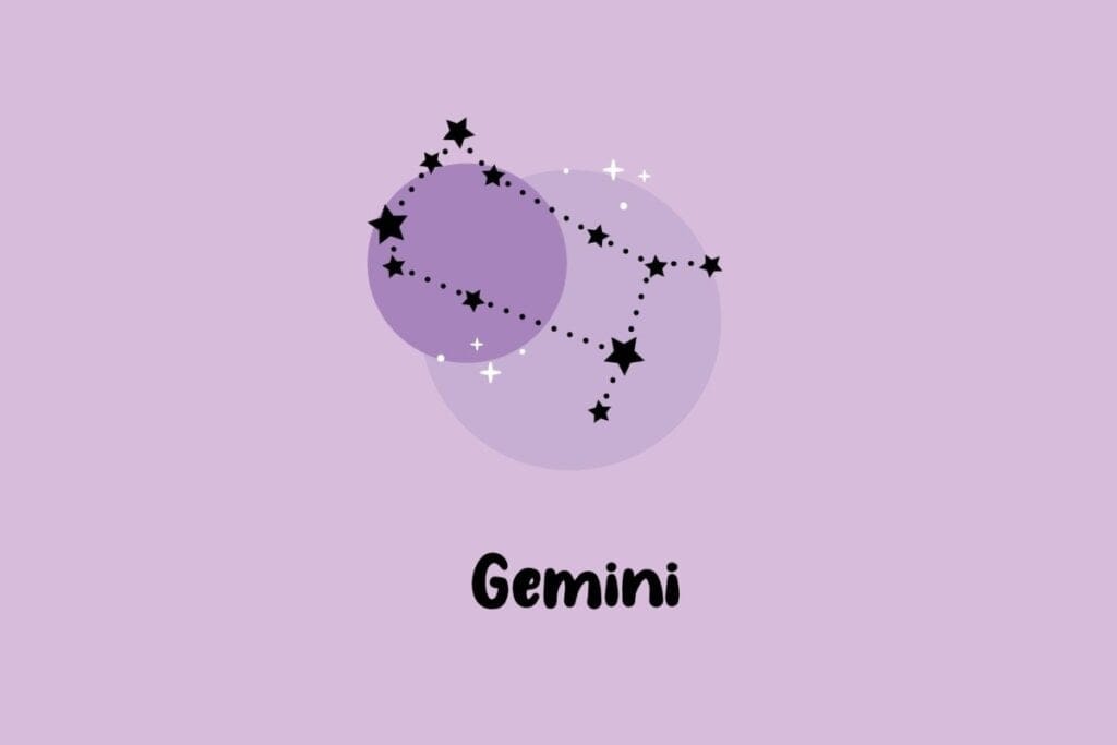 Ilustração da constelação do signo de Gêmeos com estrelas conectadas por traços pontilhados em fundo lilás