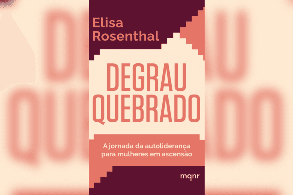 Capa do livro “Degrau Quebrado” com fundo bege e vermelho e escada estilizada no canto superior direito