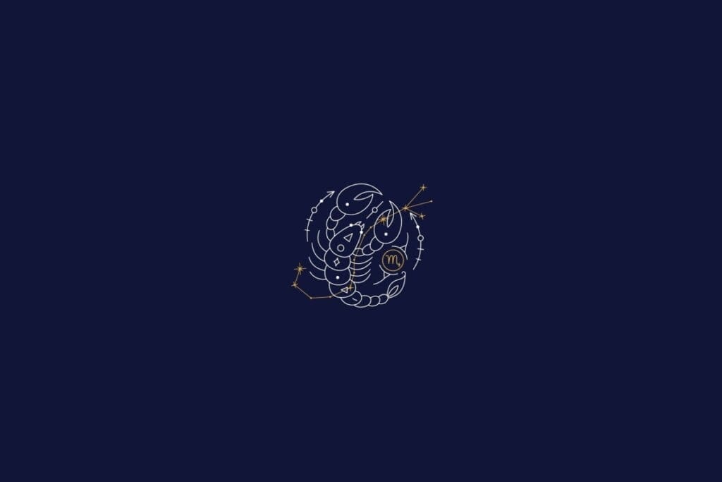 Ilustração do signo de escorpião em um fundo azul-escuro
