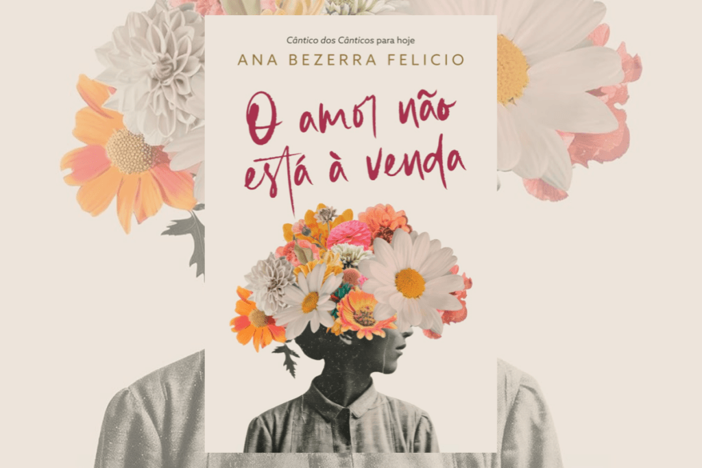 Capa de livro com título e nome do autor, com imagem de uma mulher com a cabeça coberta de flor em fundo bege