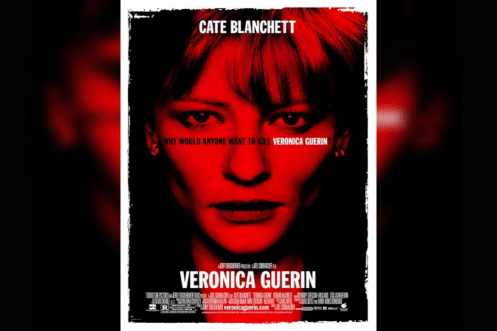 Cartaz do filme "O Custo da Coragem" com rosto de Cate Blanchett, em vermelho intenso