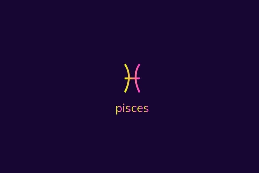 Ilustração do signo de peixes na cor rosa e amarelo em um fundo azul-escuro