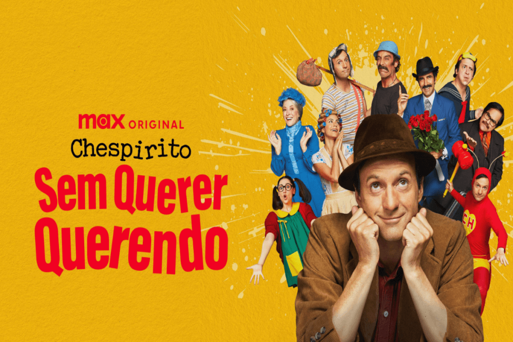Imagem com fundo amarelo com o título da série e ao lado homem com chapéu marrom, com blusa marrom e com as mãos perto do rosto, atrás deles imagens dos personagens do programa Chaves e Chapolin