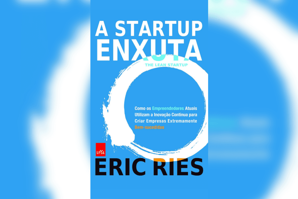 Capa azul do livro “A Startup Enxuta” com título em branco e laranja e um círculo estilizado