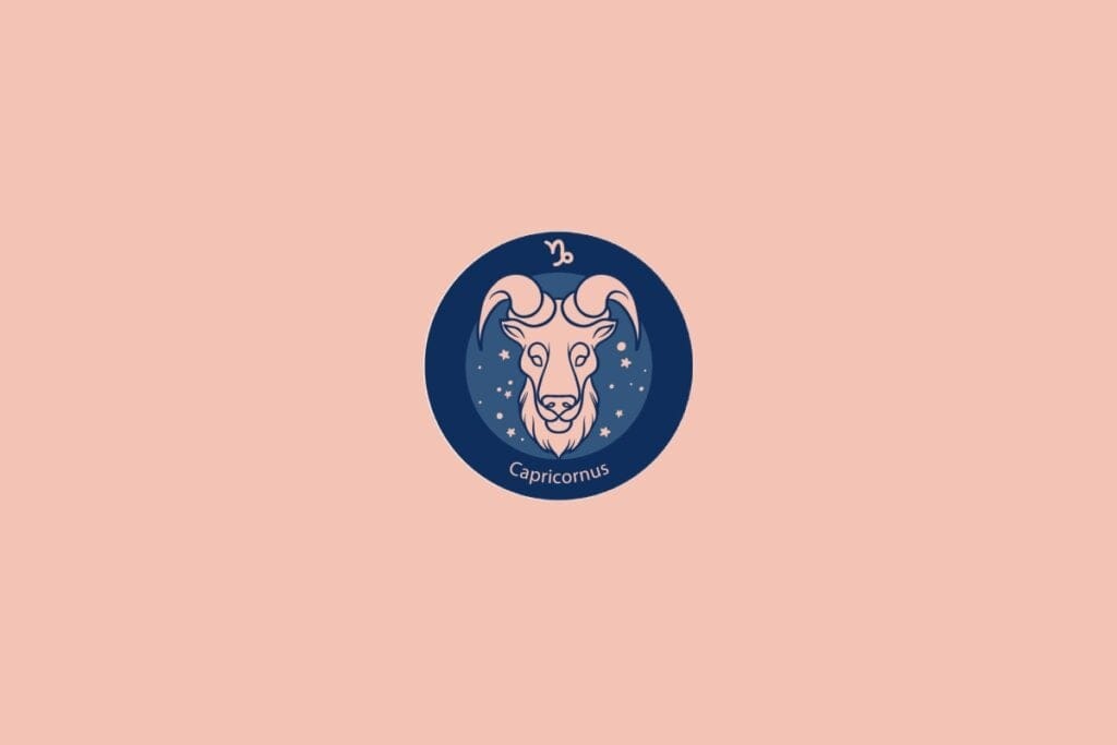 Ilustração do signo de Capricórnio com a figura de uma cabra com chifres robustos em fundo azul com estrelas e fundo rosa