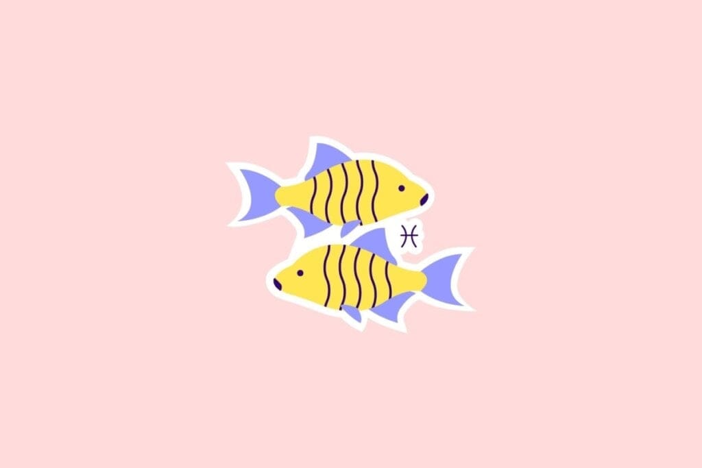 Ilustração do símbolo de Peixes com dois peixes amarelos e detalhes em lilás, sobre fundo rosa-claro