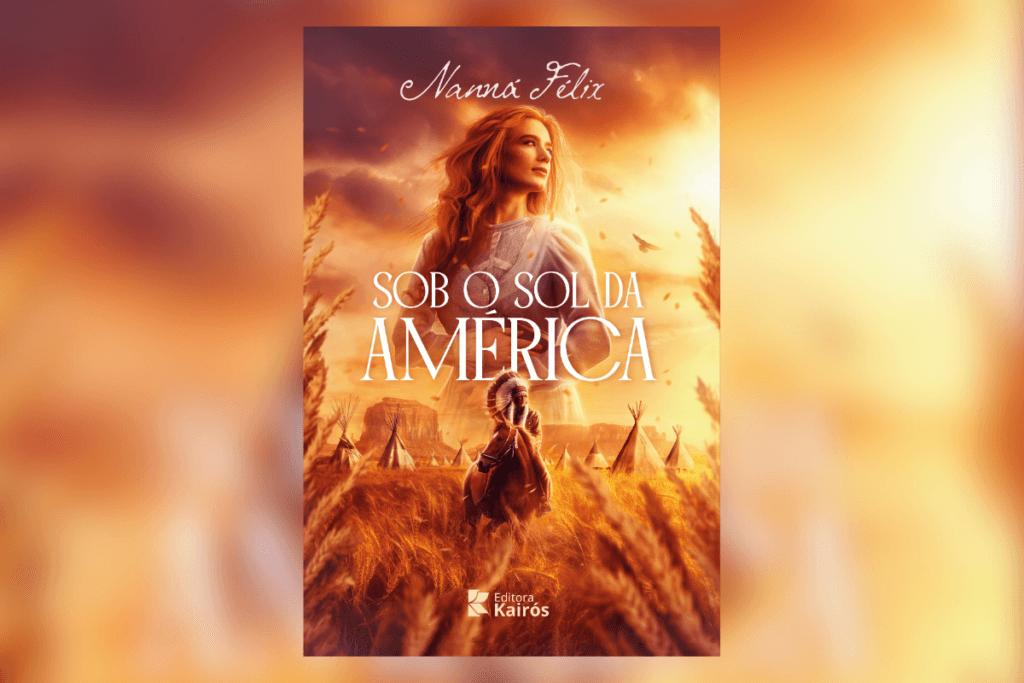 Capa do livro "Sob o Sol da América", de Nanná Félix, com uma mulher loira em vestido claro observando uma aldeia indígena dourada pelo pôr do sol
