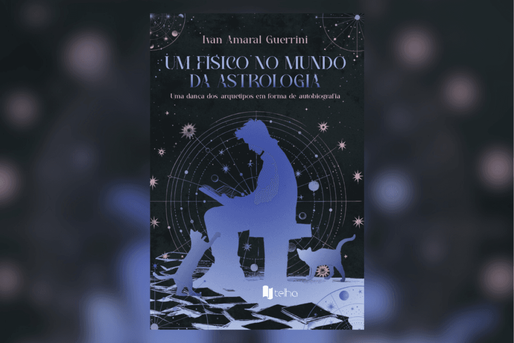 Capa do livro "Um Físico no Mundo da Astrologia", de Ivan Amaral Guerrini, com silhueta azul de um homem lendo, rodeado por constelações e gatos