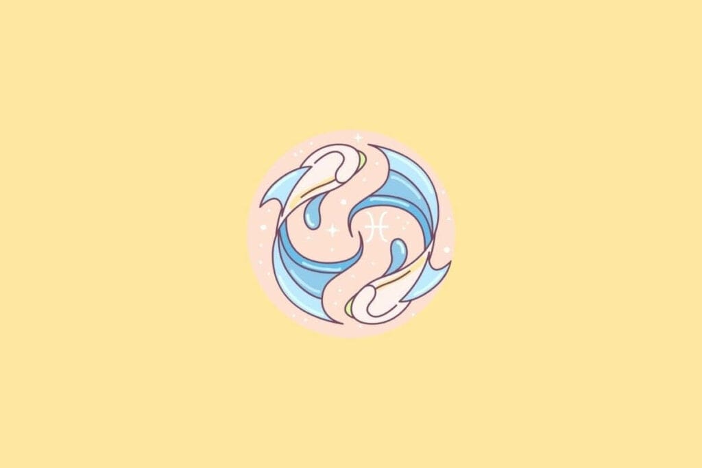 Ilustração do signo de Peixes em um círculo em cima de um fundo laranja