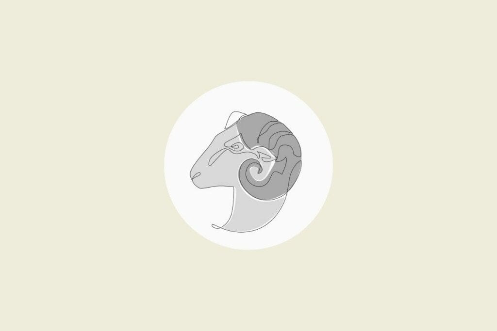 Ilustração do signo de áries em preto e branco, dentro de um círculo, sobre um fundo bege-claro