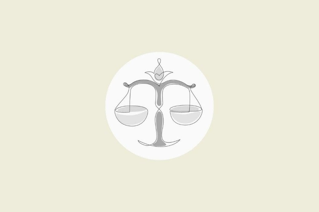 Ilustração do signo de libra em preto e branco, dentro de um círculo, sobre um fundo bege-claro