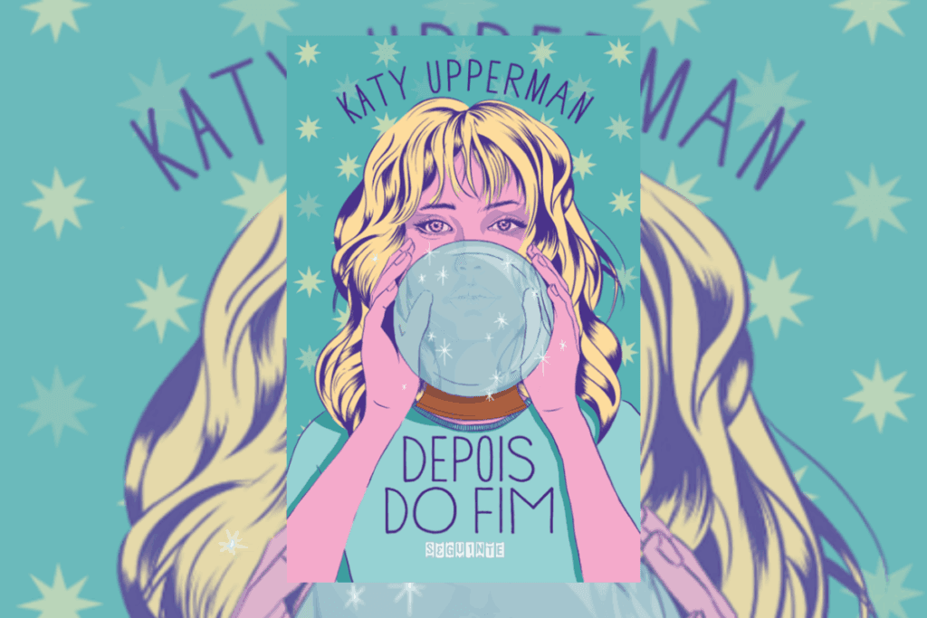 Capa de livro com fundo azul, com título do livro e nome do autor e com a ilustração de uma jovem loira usando uma camiseta azul e com uma bola de cristal na mão, cobrindo parte do rosto