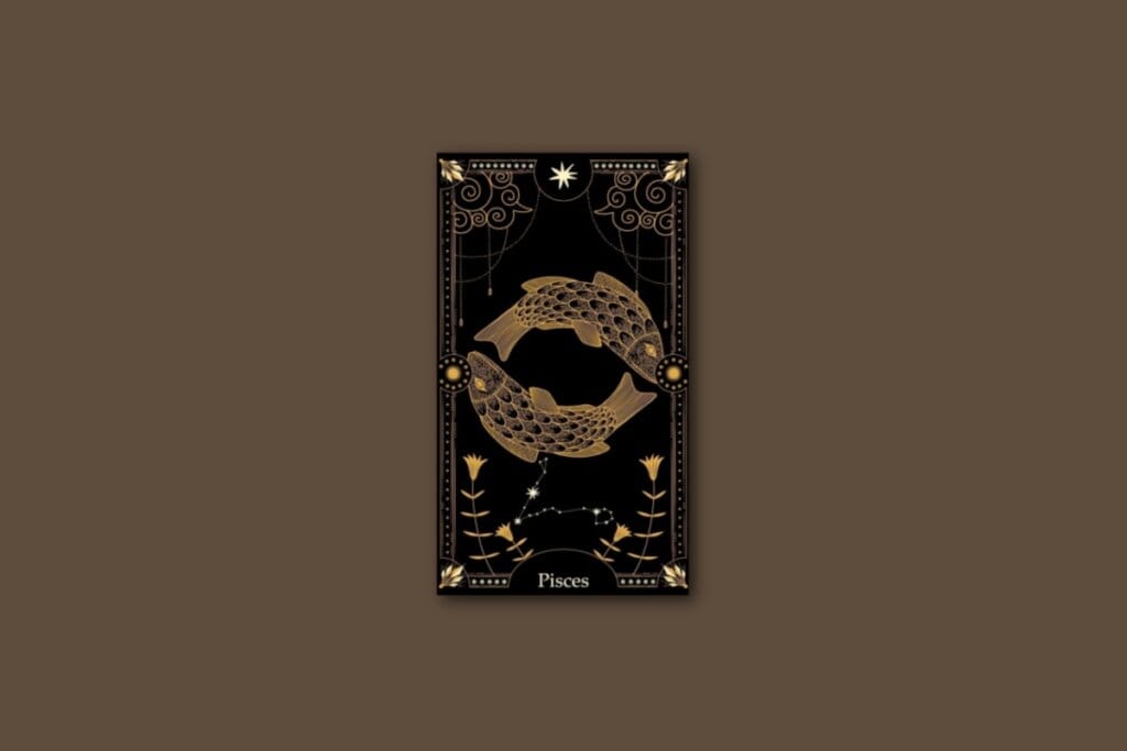 Ilustração de uma carta preta, com o desenho do signo e da constelação de peixe, com borda dourada e estrelas