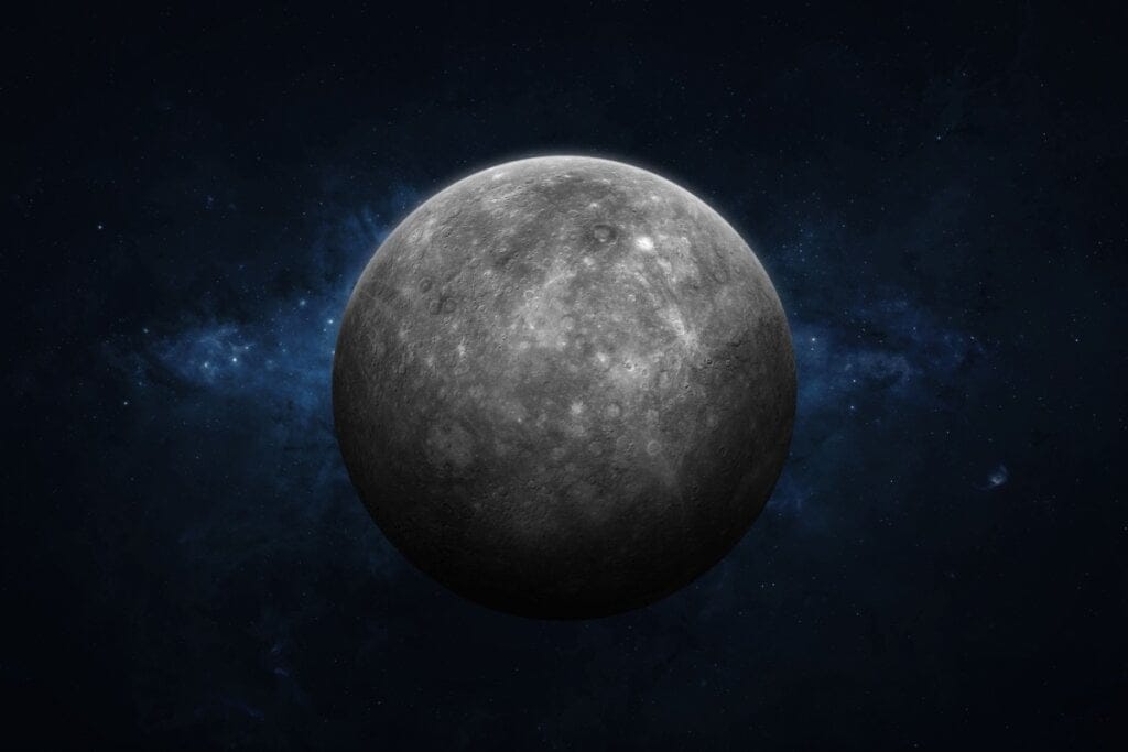 Imagem do planeta Mercúrio no espaço com estrelas