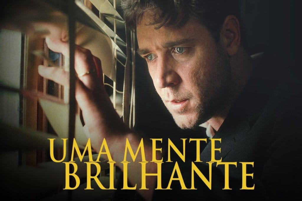 rosto de homem olhando pela janela e escrito amarelo "Uma mente brilhante"