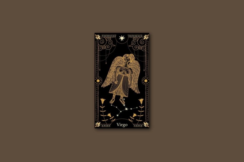 Ilustração de uma carta preta, com o desenho do signo e da constelação de virgem, com borda dourada e estrelas