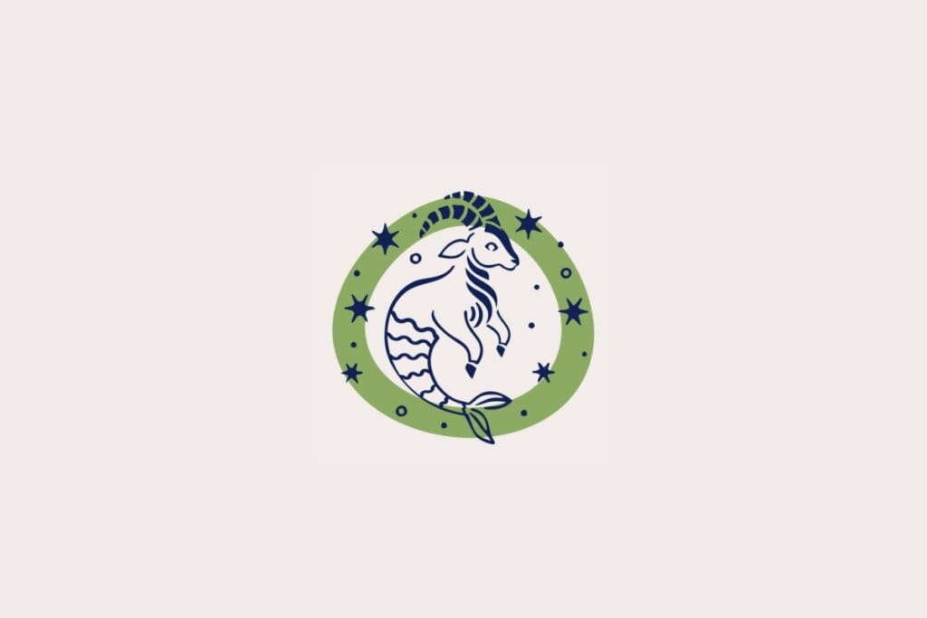 Ilustração do signo de Capricórnio, em fundo bege-claro, contendo uma cabra com cauda de peixe dentro de uma moldura verde com estrelas em volta