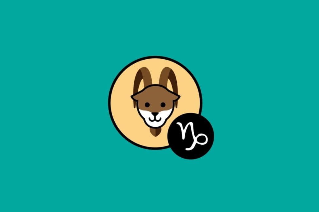 Ilustração do signo de Capricórnio, em fundo verde-azulado, contendo a cabeça estilizada de uma cabra marrom com chifres alongados em um círculo amarelado e o símbolo astrológico em um círculo preto