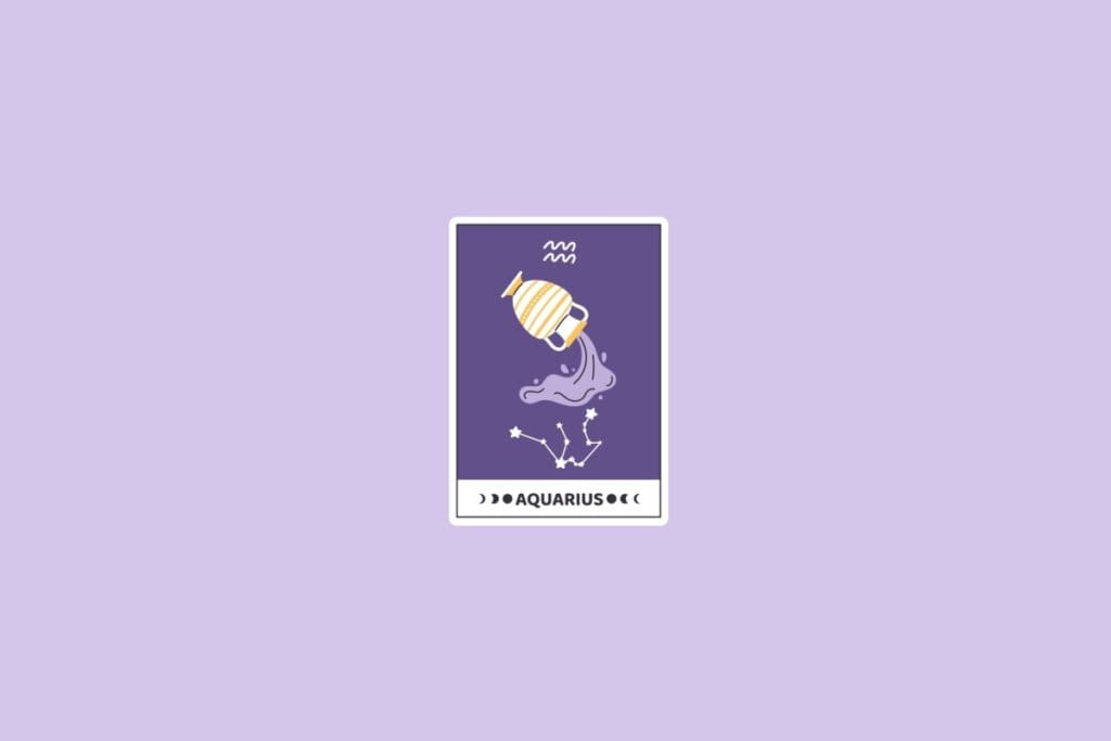 Ilustração do signo de Aquário com um jarro derramando água, a constelação de Aquário e o símbolo do signo no topo