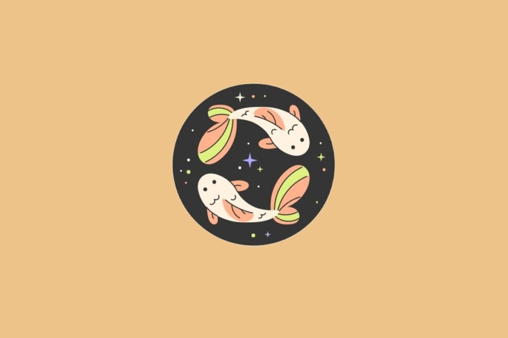 Ilustração do signo de Peixes, em fundo alaranjado, com dois peixinhos coloridos girando em sentidos opostos dentro de um círculo