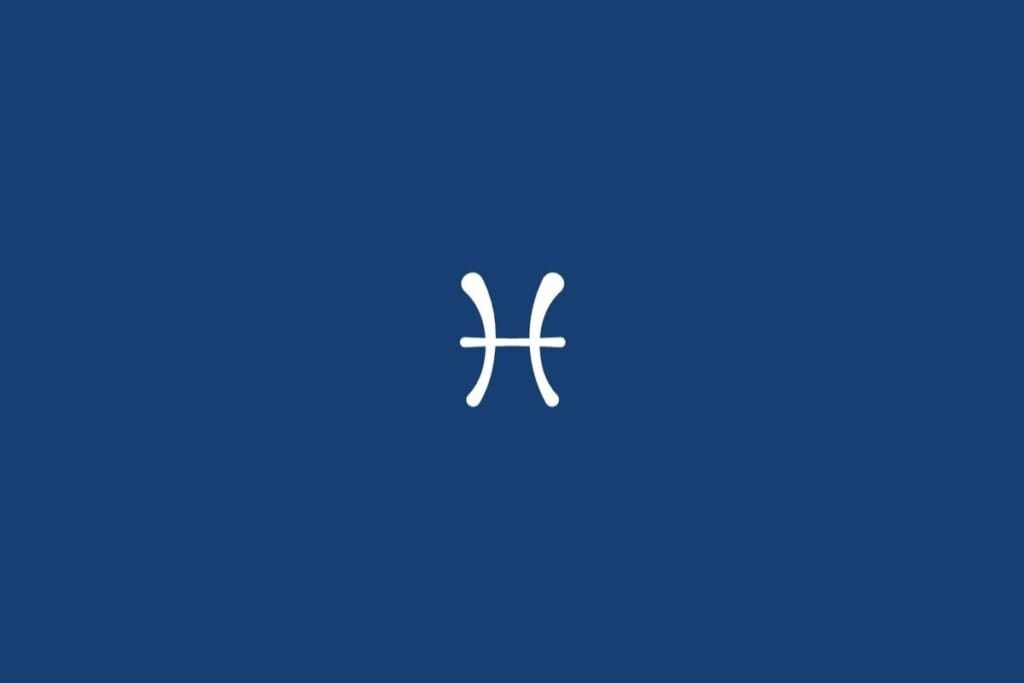 Ilustração do signo de Peixes, em fundo azul-escuro, contendo dois arcos curvados simetricamente voltados para fora e unidos por uma linha horizontal central