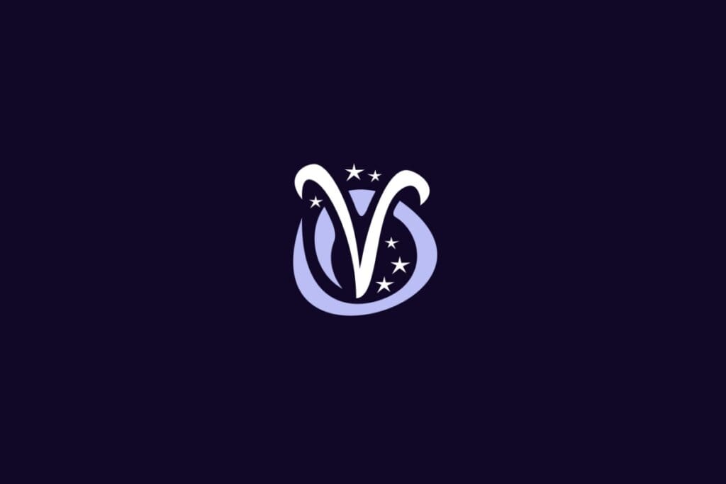 Ilustração do signo de Áries, com um par de linhas curvas ascendentes representando chifres de carneiro sobre um círculo estilizado e estrelas ao redor, em fundo roxo-escuro