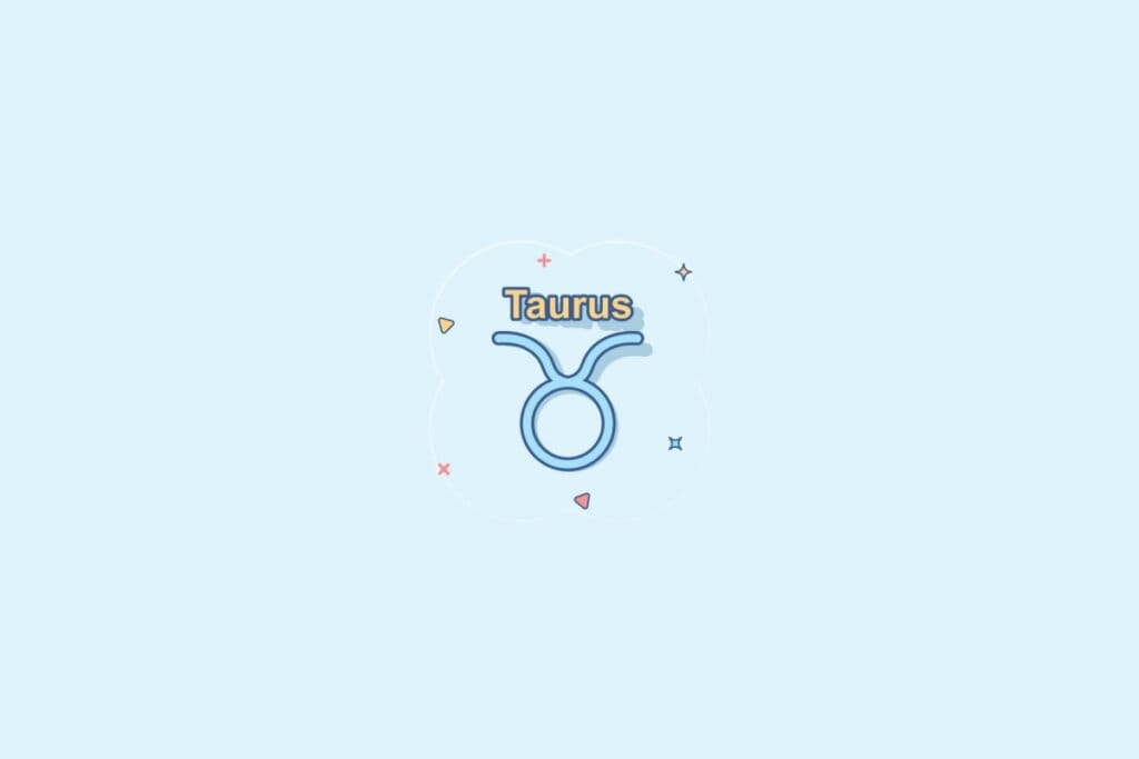 Ilustração do signo Touro, contendo um círculo grande com duas linhas curvas voltadas para cima, representando chifres, em fundo azul-claro