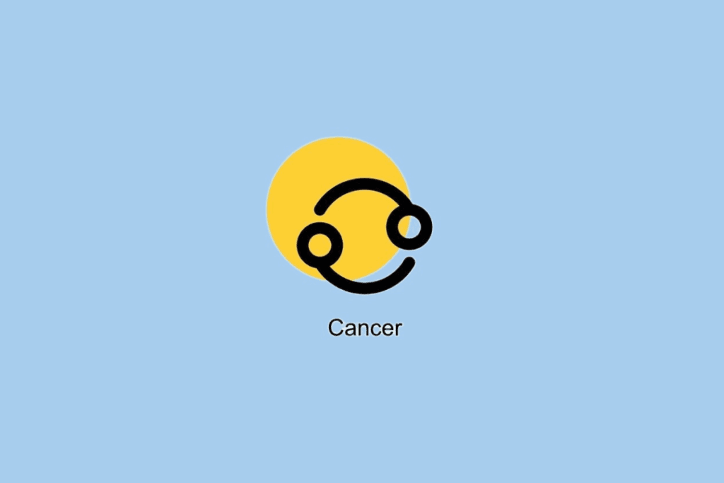 Símbolo do signo de Câncer ao lado de círculo amarelo em fundo azul claro