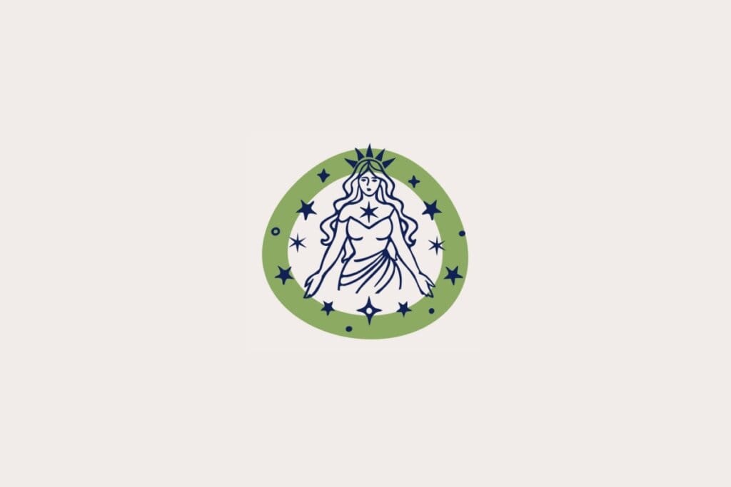Ilustração do signo de Virgem, em fundo bege-claro, contendo uma figura feminina de braços abertos com uma estrela no peito dentro de uma moldura verde com estrelas