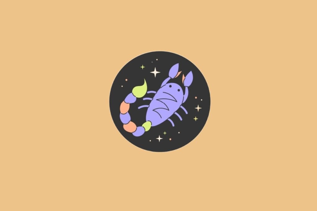Ilustração do signo de Escorpião, em fundo alaranjado, com um escorpião roxo de corpo segmentado e cauda levantada